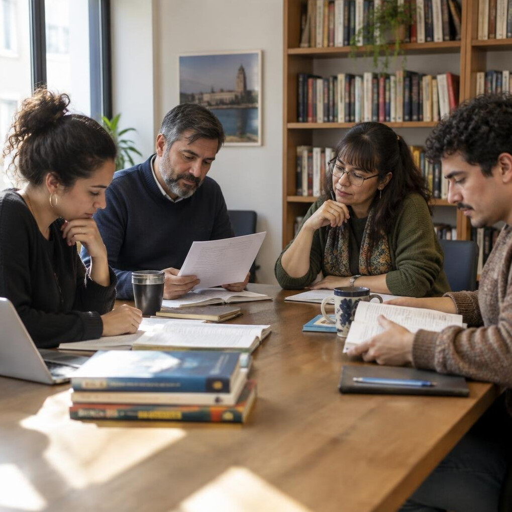 Diverse group of Uruguayan writers and editors discussing manuscripts around a table