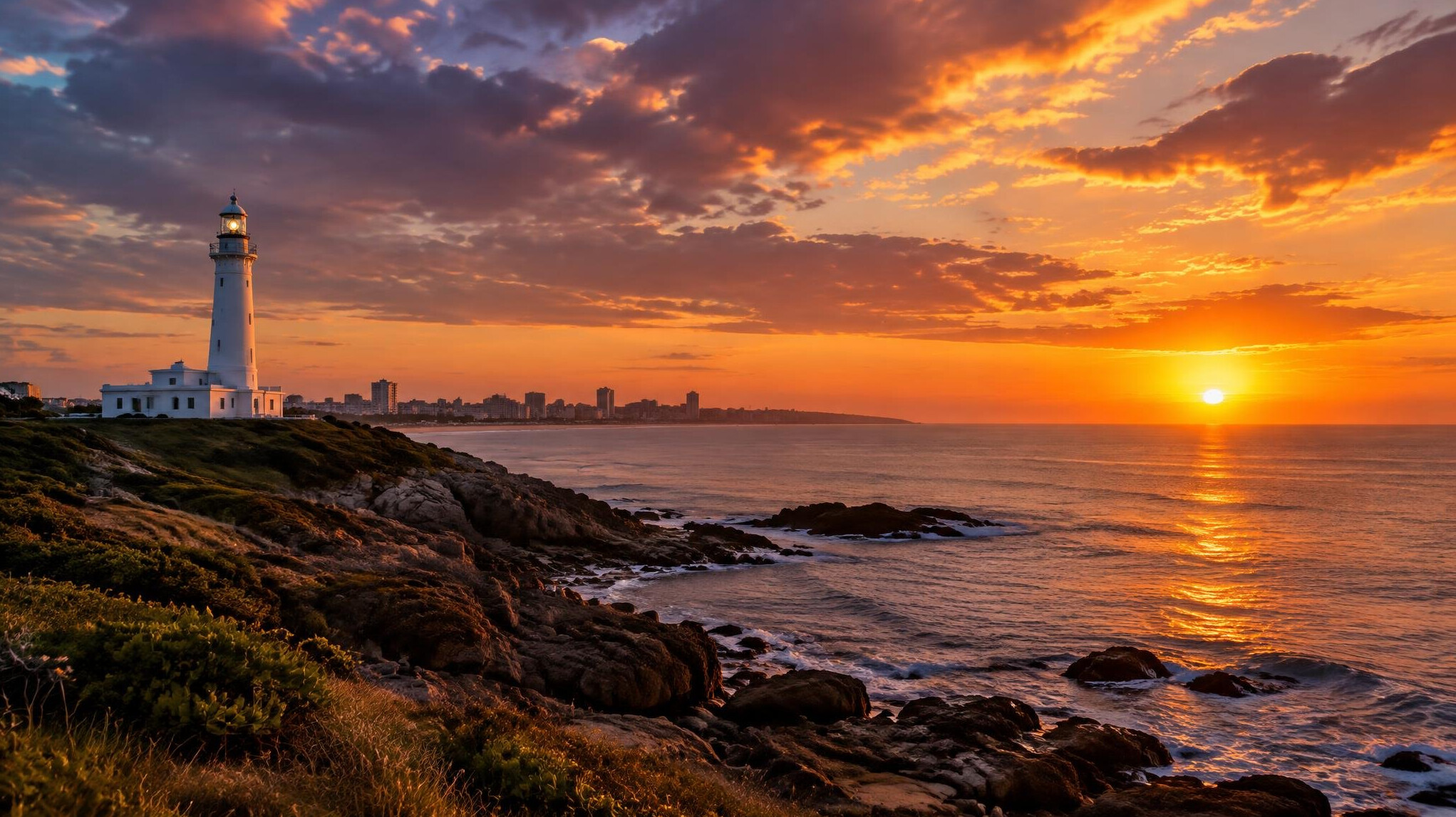 Coastal view of Punta del Este with a lighthouse at sunset