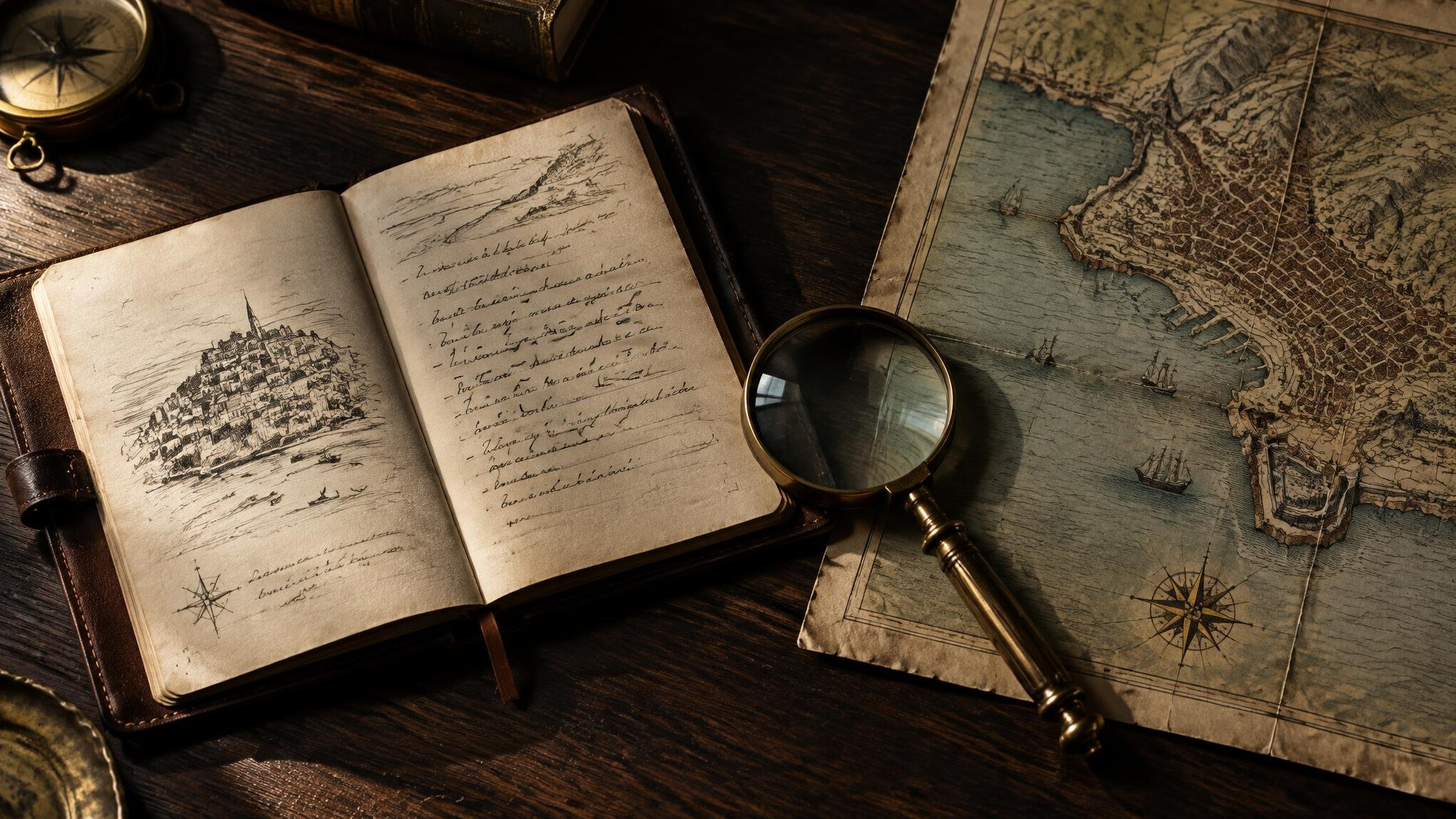 Detective notebook, magnifying glass and old map on a wooden table
